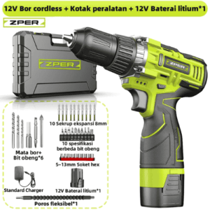 12 Volt Bor Cordless dan 1 Baterai Lithium include standard charger dengan kotak peralatan