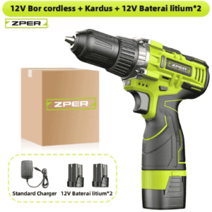12 Volt Bor Cordless dan 2 Baterai Lithium include standard charger dengan kardus