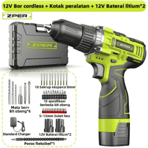 12 Volt Bor Cordless dan 2 Baterai Lithium include standard charger dengan kotak peralatan